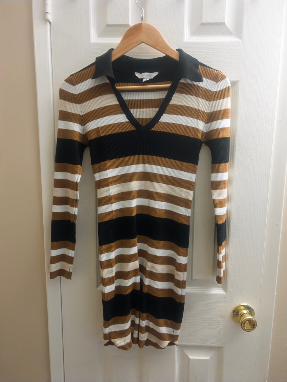 No Boundaries Striped V-Neck Polo Sweater Dress in Brown, Black & White